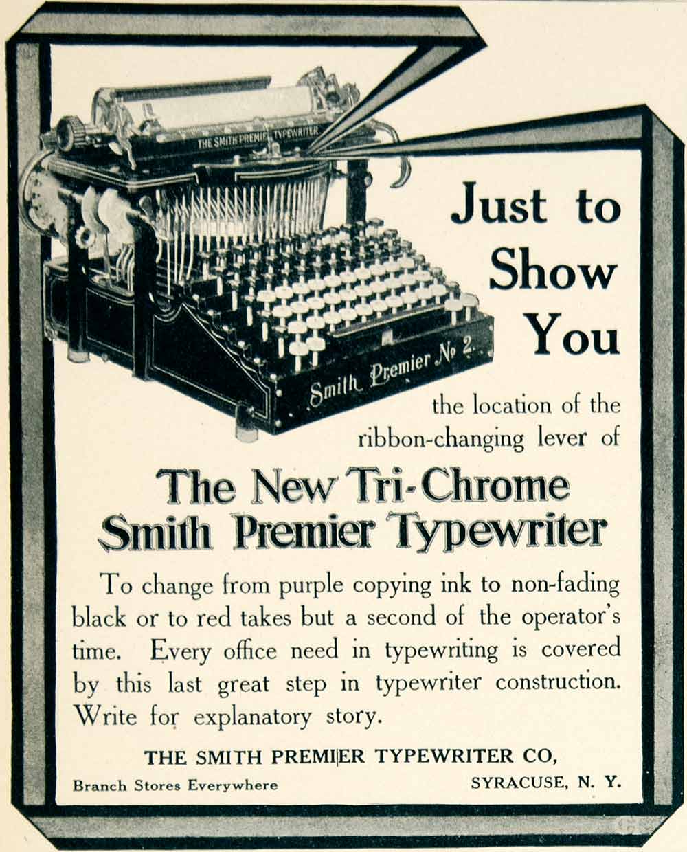 1906 Ad Smith Premier No 2 Typewriter Syracuse NY Office Equipment Machine YLF1