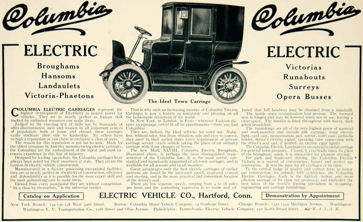 1906 Ad Electric Vehicle Columbia Ideal Town Carriage Automobile Brass Era YLF1