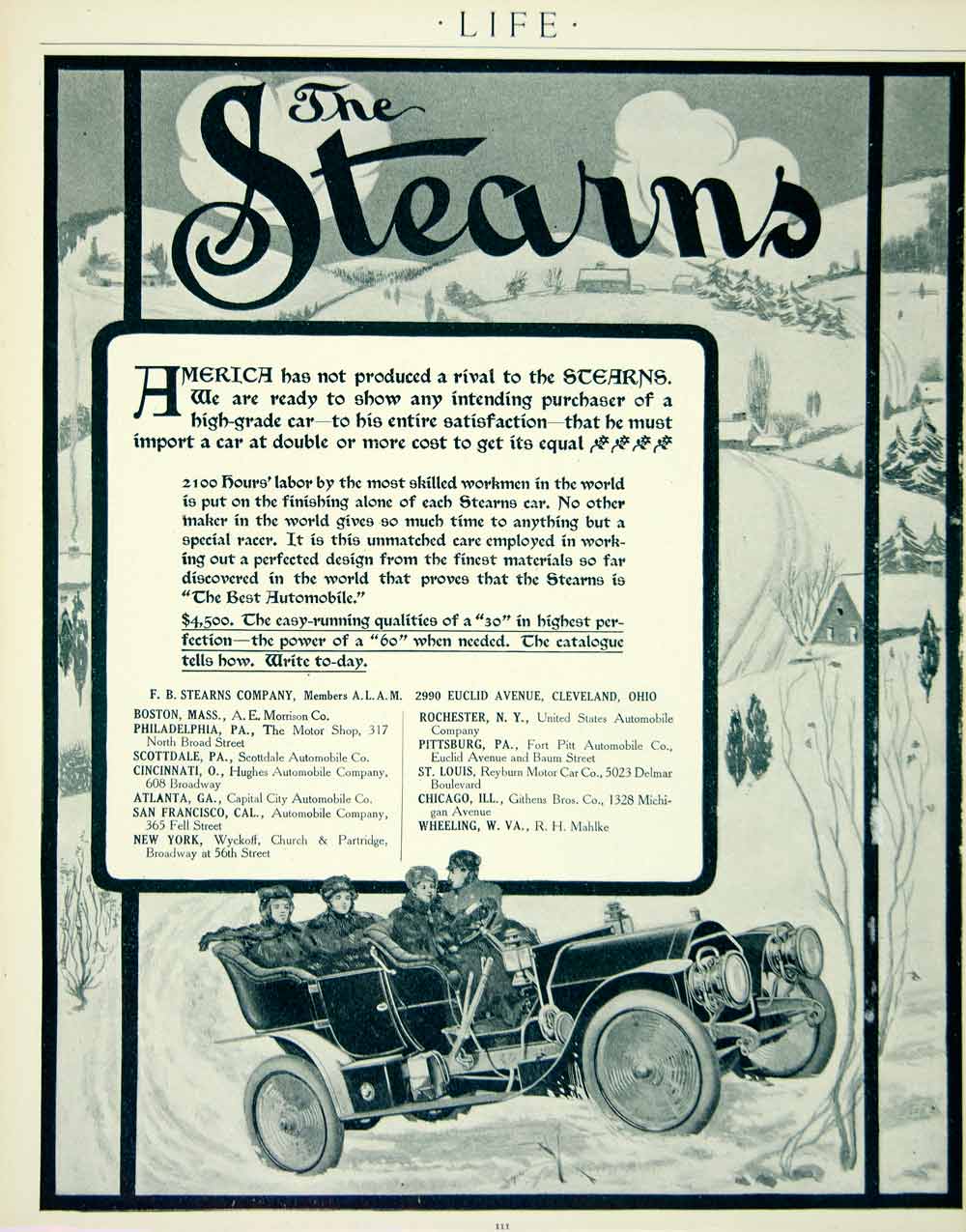 1907 Ad Vintage F B Stearns Automobile Open Touring Car Passenger Winter YLF2