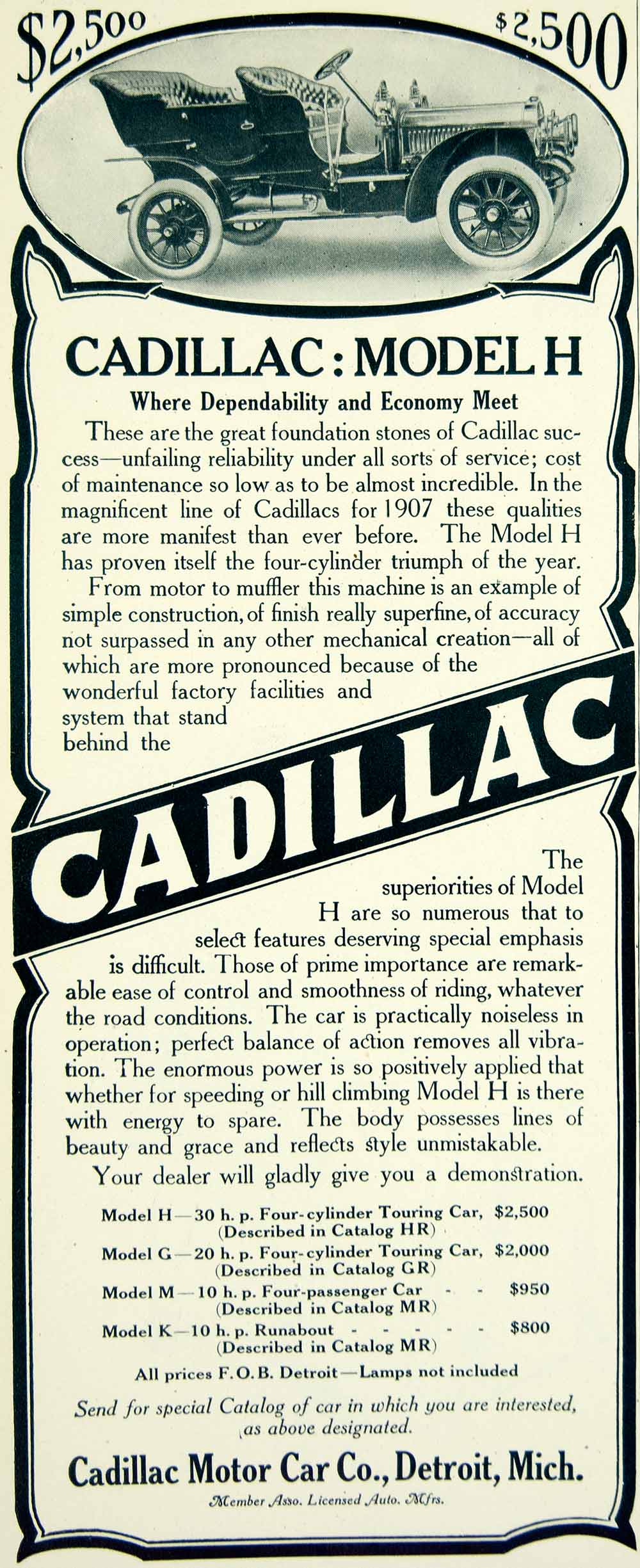 1907 Ad Vintage Cadillac Model H Four Cylinder Touring Car Antique YLF2