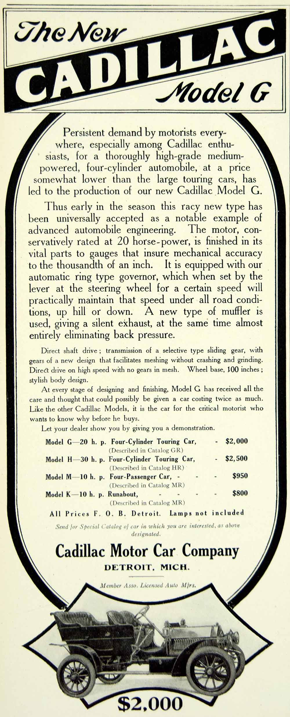 1907 Ad Vintage Cadillac Model G Touring Open Car Automobile Four Cylinder YLF2
