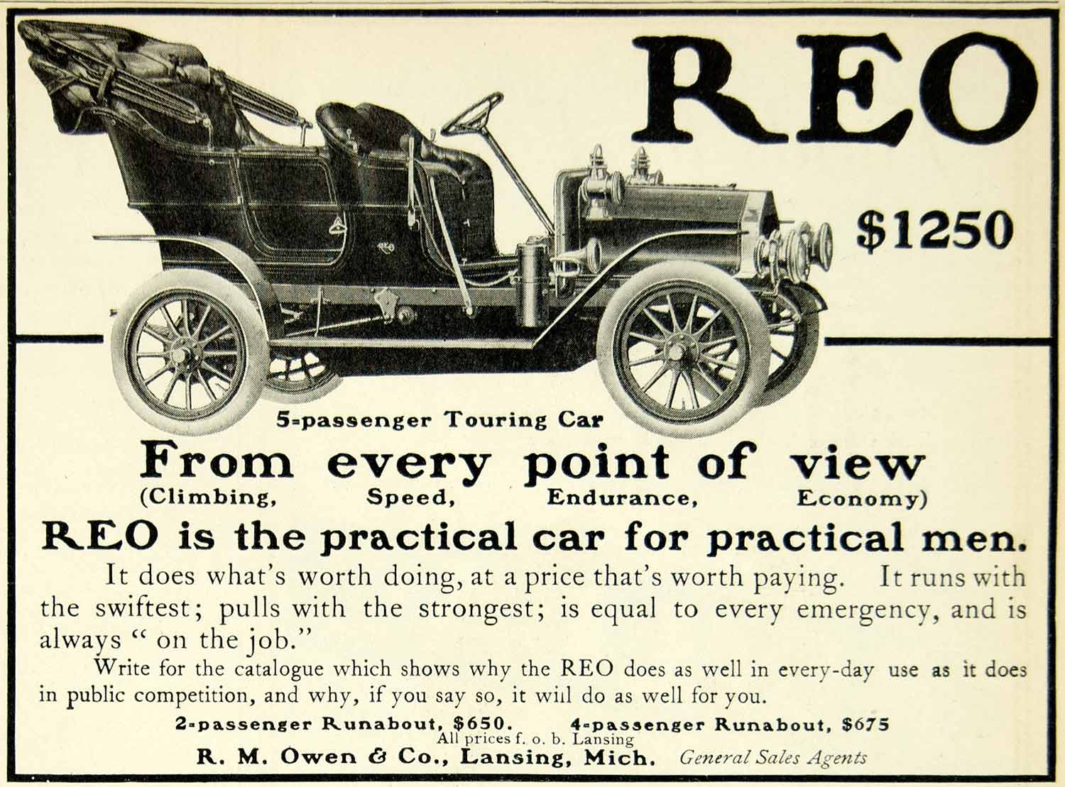 1907 Ad Vintage REO 5-Passenger Touring Car Open Automobile R. M. Owen YLF2