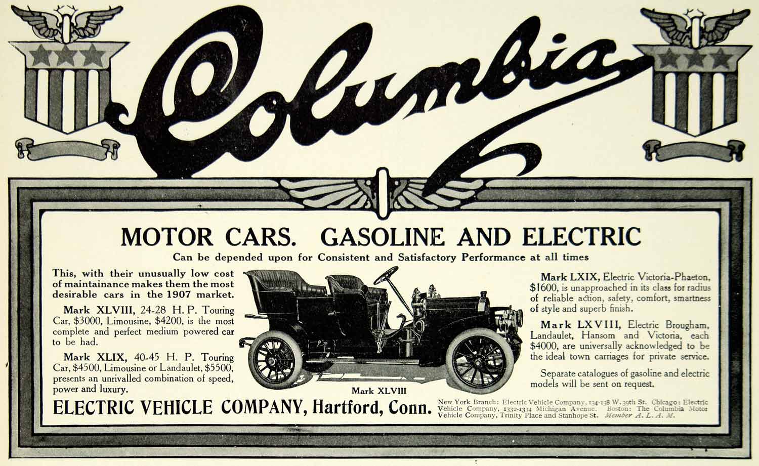 1907 Ad Vintage Columbia Mark XLVIII Touring Car Gasoline Electric YLF2