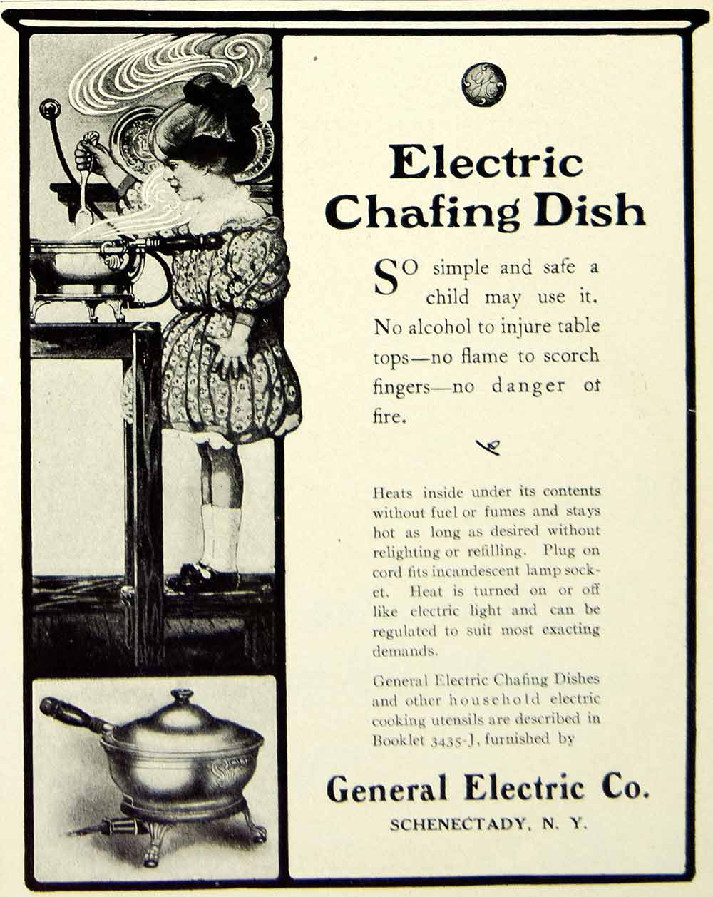 1907 Ad Vintage Electric Chafing Dish GE General Electric Child Girl YLF2