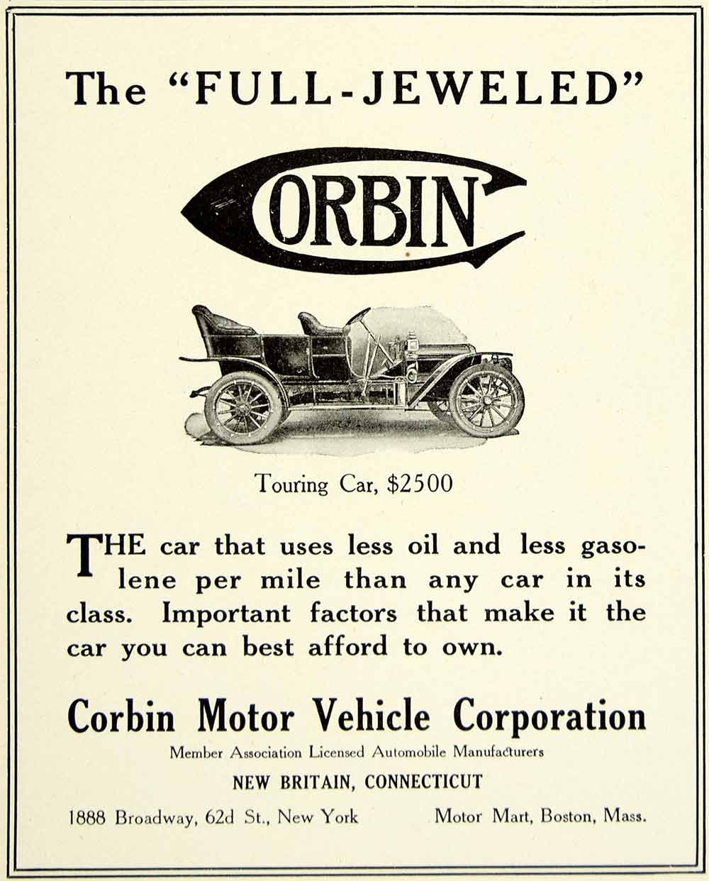 1907 Ad Vintage Corbin Touring Car Open Automobile Price New Britain Y ...