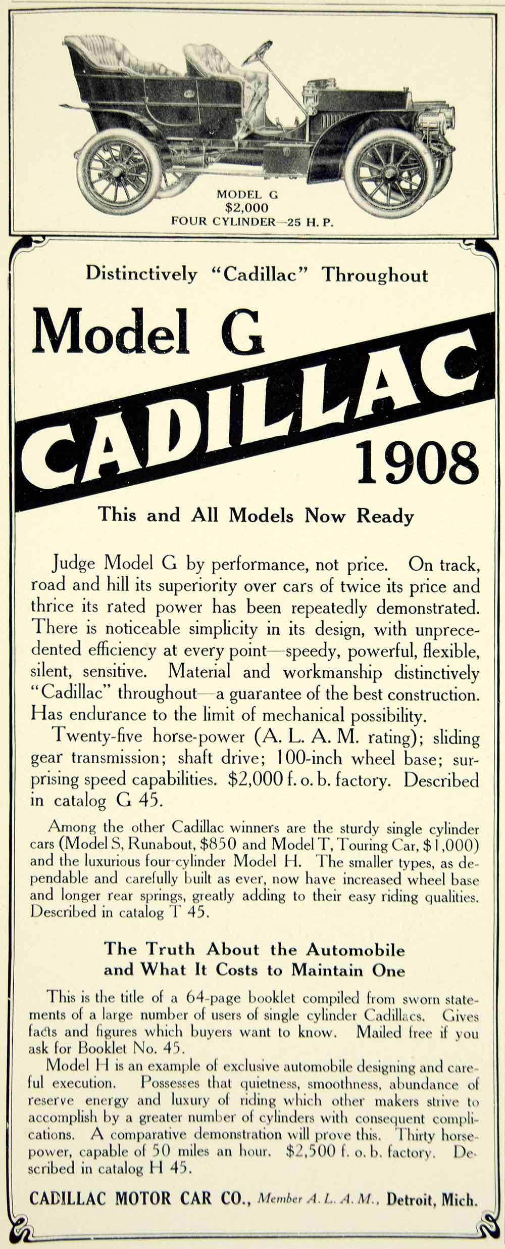 1907 Ad Vintage 1908 Cadillac Model G Touring Car 4 Cylinder Antique YLF2