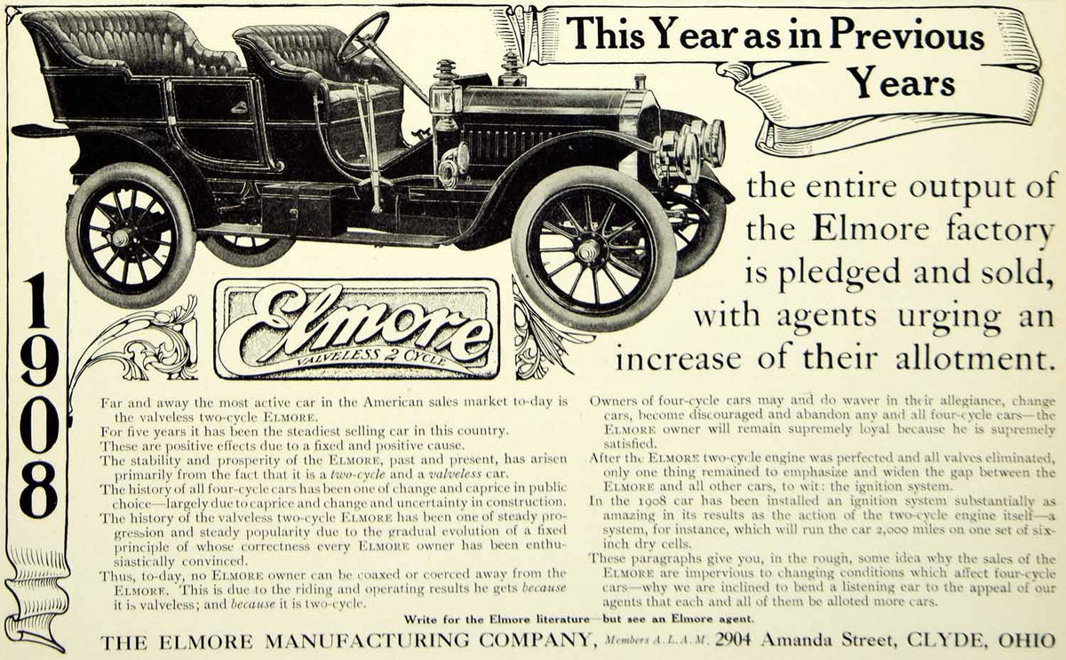 1908 Ad Vintage Elmore Valveless 2 Cycle Antique Automobile Touring Ca ...
