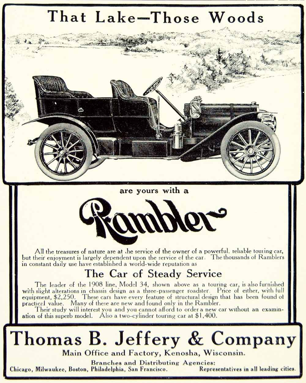 1908 Ad Vintage Rambler Touring Car Model 34 Thomas B. Jeffery Kenosha ...