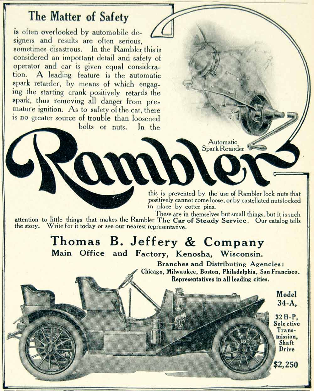 1908 Ad Vintage Rambler Model 34-A Automatic Spark Retarder Safety Fea ...