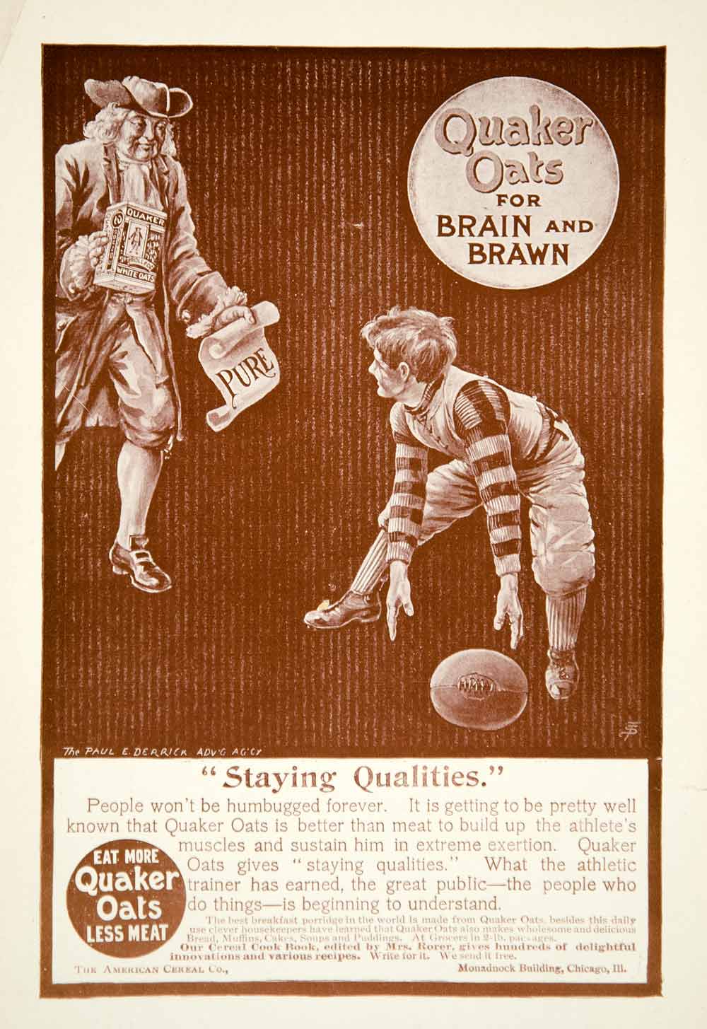 1900 Ad American Cereal Quaker Oats Breakfast Food Child Football Sports YLF3