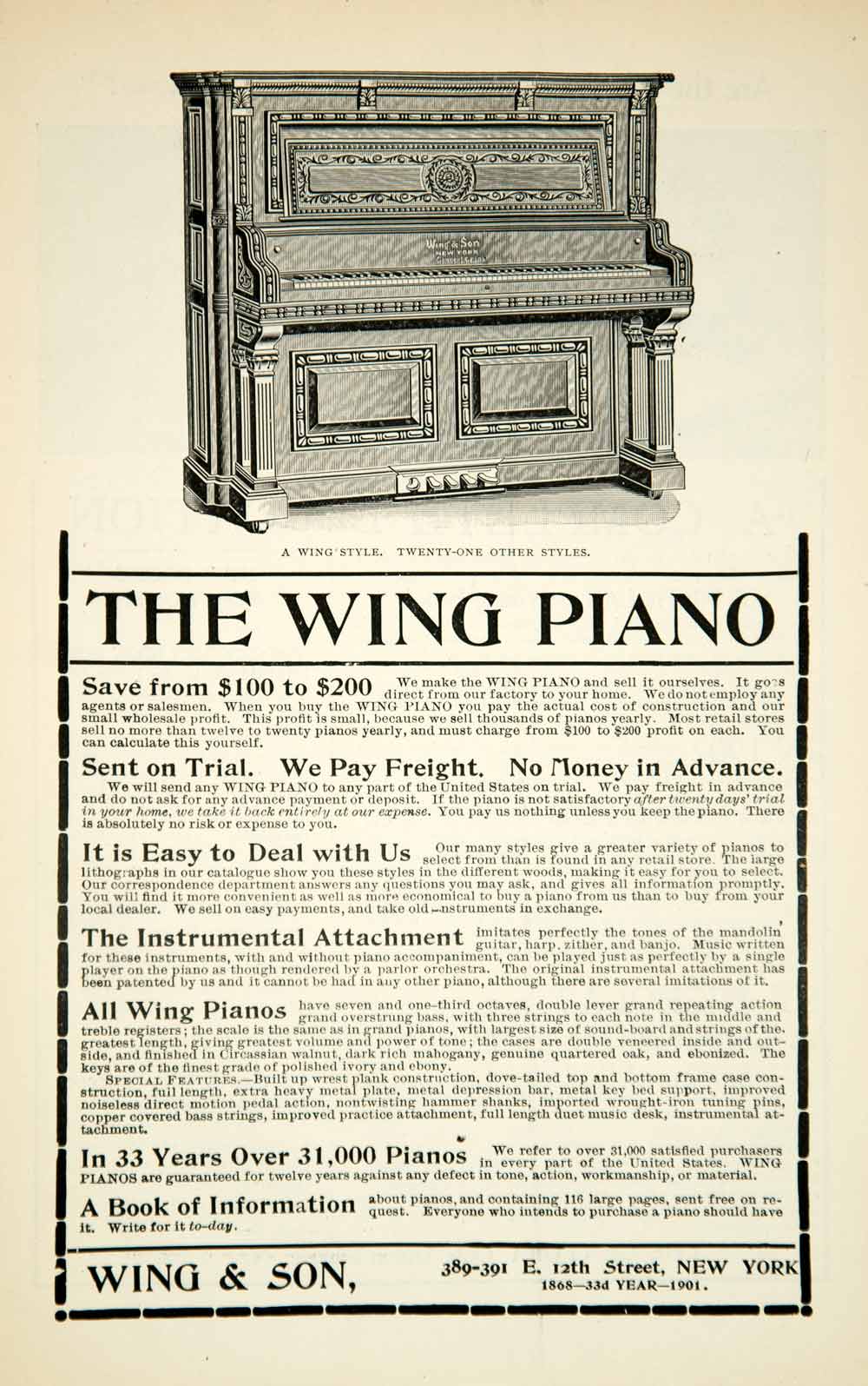 1900 Ad Wing & Son Piano Musical Instrument 389-391 East 12th Street New YLF3