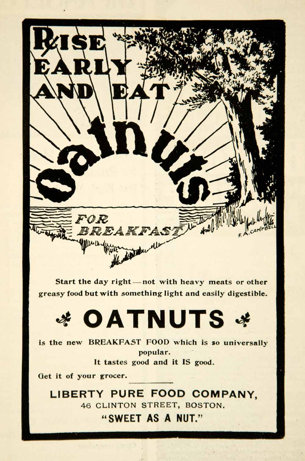 1902 Ad FA Campbell Art Liberty Pure Food Oatnuts Breakfast Cereal Sunrise YLF3
