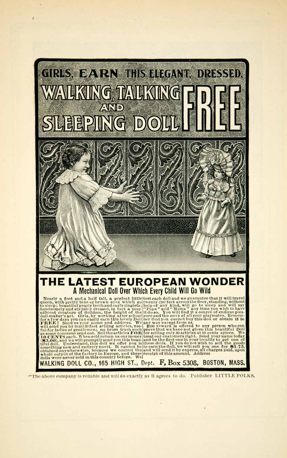 1904 Ad Mechanical Walking Doll Childrens Toy Art Nouveau Little Folks YLF3