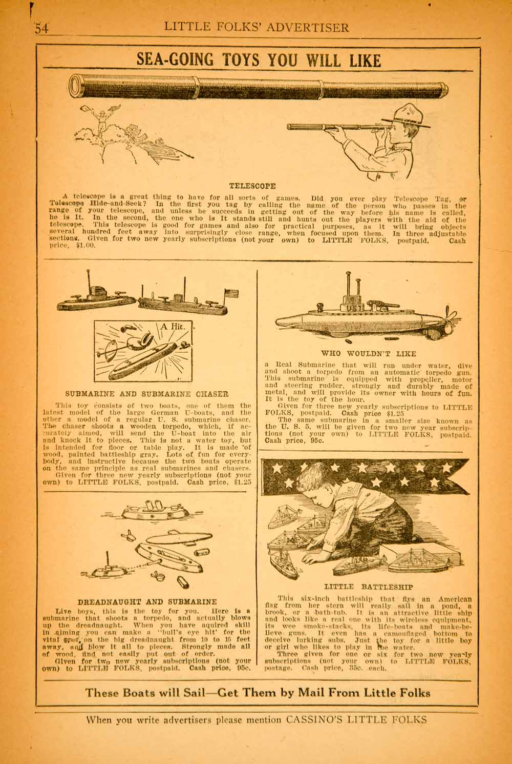1920 Ad Little Folks Children Toys Telescope Submarine Dreadnaught YLF3