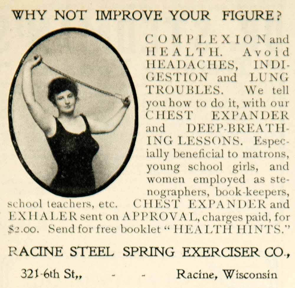 1904 Ad Racine Steel Spring Exerciser Equipment Fitness Gym Medical YLF3