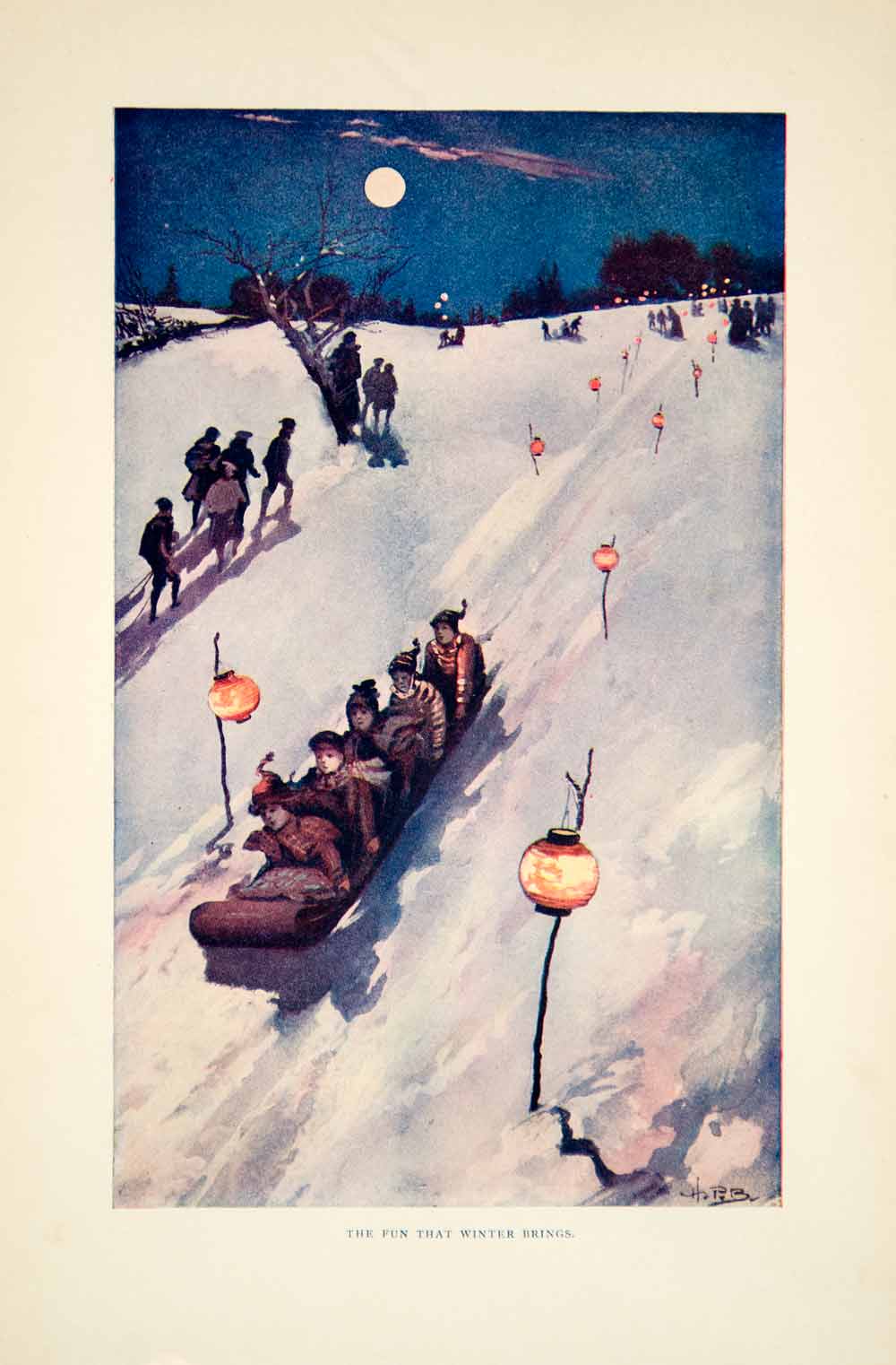 1904 Color Print Hiram Putnam Barnes Art Children Snow Sledding Hill Winter YLF3
