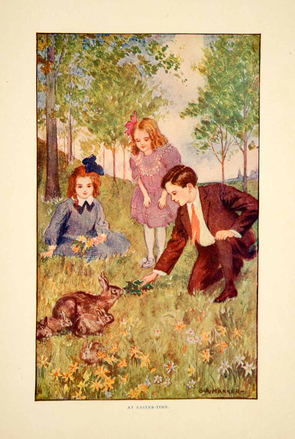 1908 Color Print George A Harker Art Nouveau Easter Bunny Holiday Children YLF3