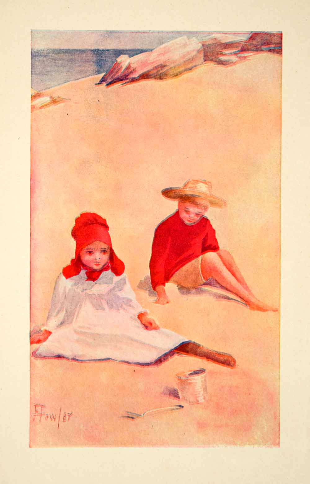 1909 Color Print F Fowler Art Children Kids Beach Ocean Sea Portrait YLF3