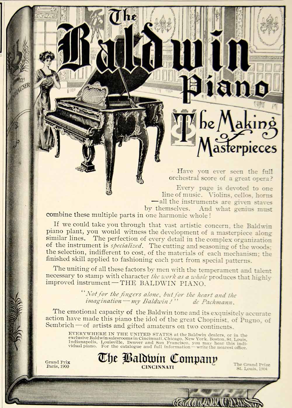 1909 Ad Baldwin Grand Piano Musical Instrument Art Nouveau Edwardian Era YLF4