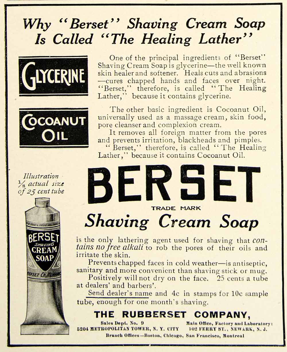 1909 Ad Rubberset Berset Shaving Cream Soap Health Beauty Edwardian Hygiene YLF4