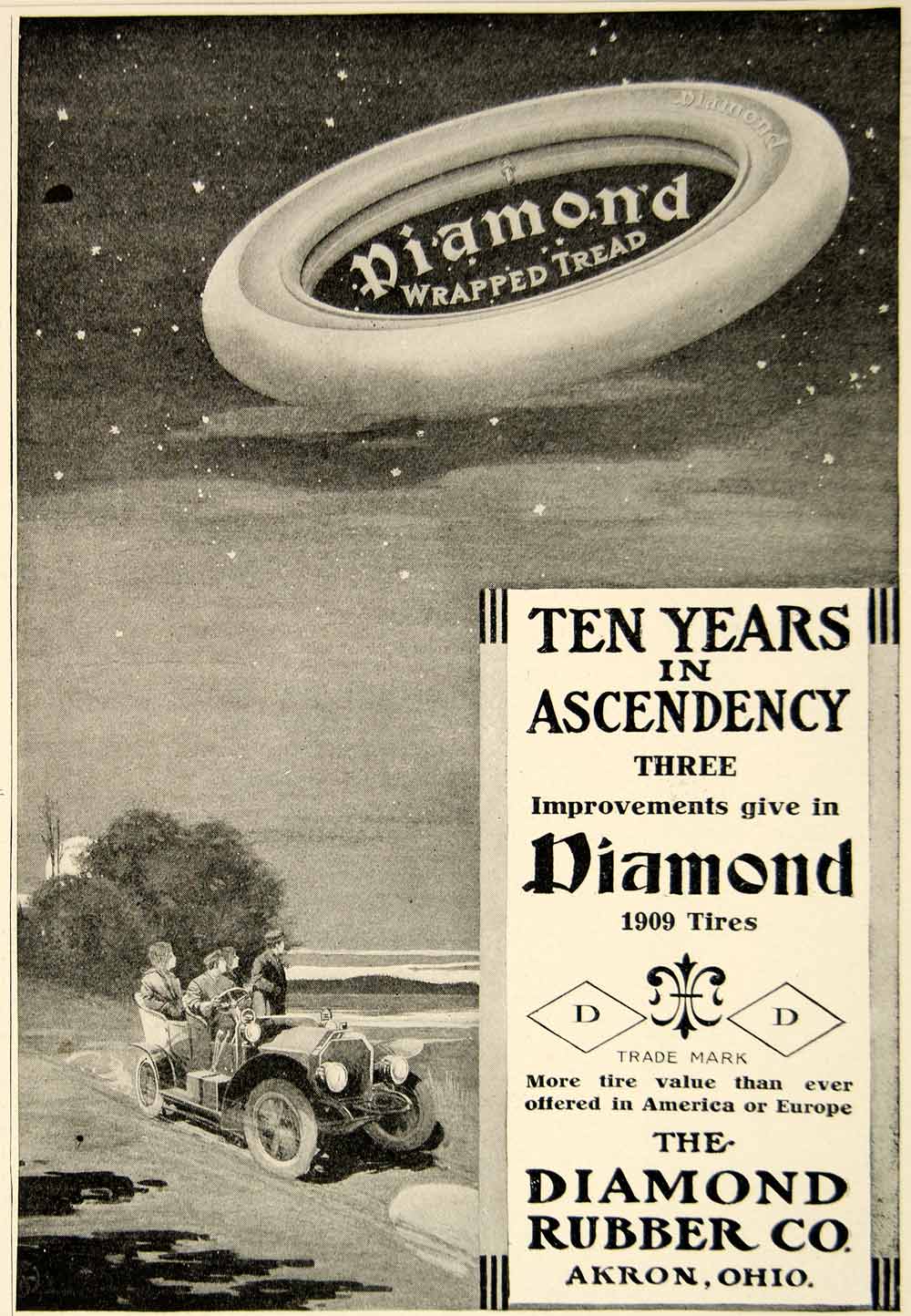 1909 Ad Diamond Rubber Wrapped Tread Tire Car Automobile Parts Brass Era YLF4