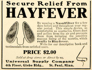 1909 Ad Universal Supply Nasalfilter Hayfever Medical Quackery Funny Health YLF4
