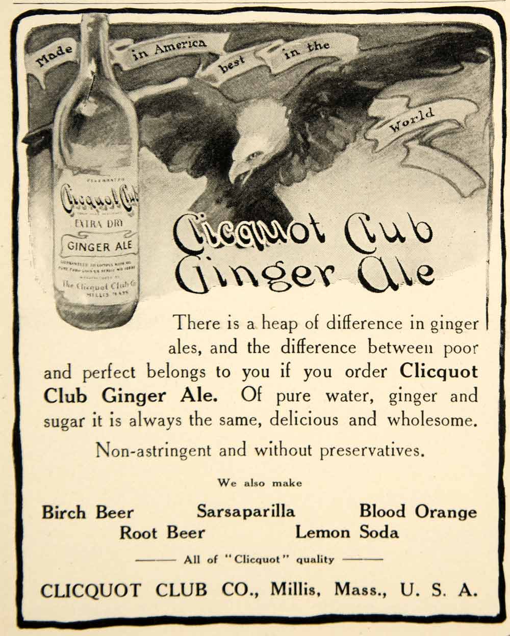 1909 Ad Clicquot Club Ginger Ale Soda Pop Drink Beverage Food Bald Eagle YLF4