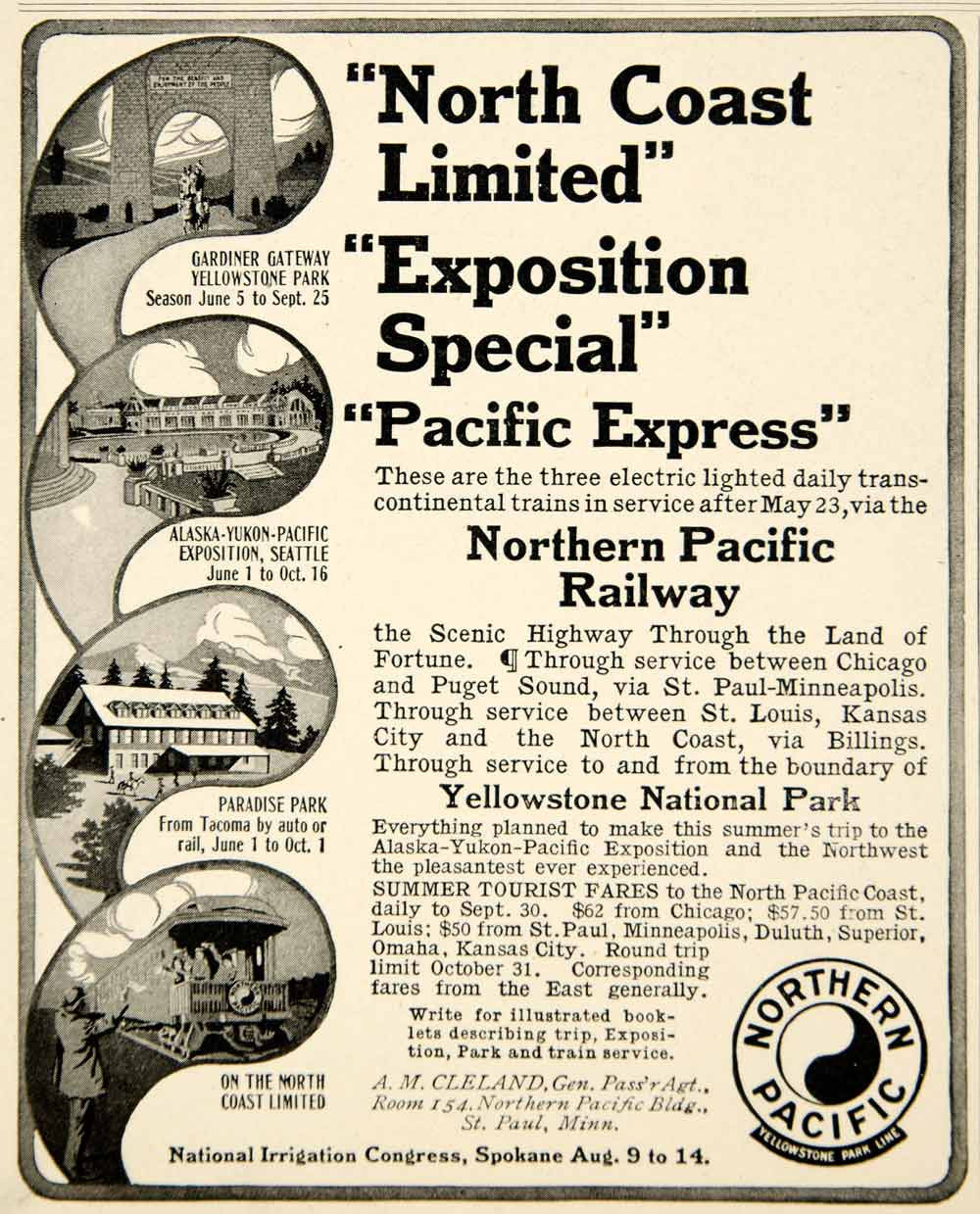 1909 Ad Northern Pacific Railway Trains Yellowstone National Park Railroad YLF4