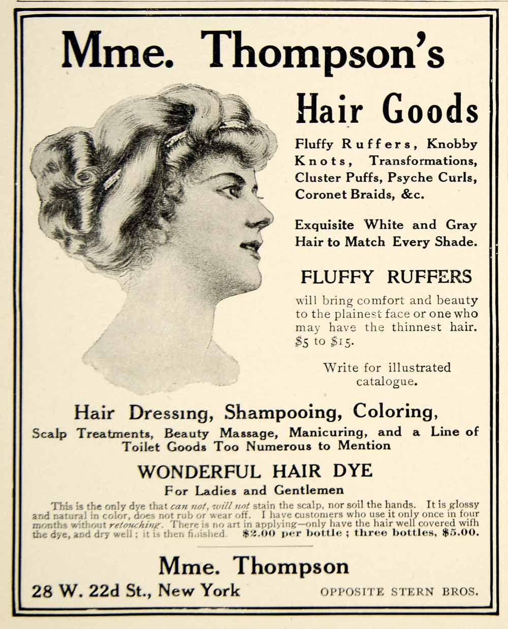 1909 Ad Madame Thompson Hairstyles Shampoo Dye Health Beauty Edwardian Era YLF4