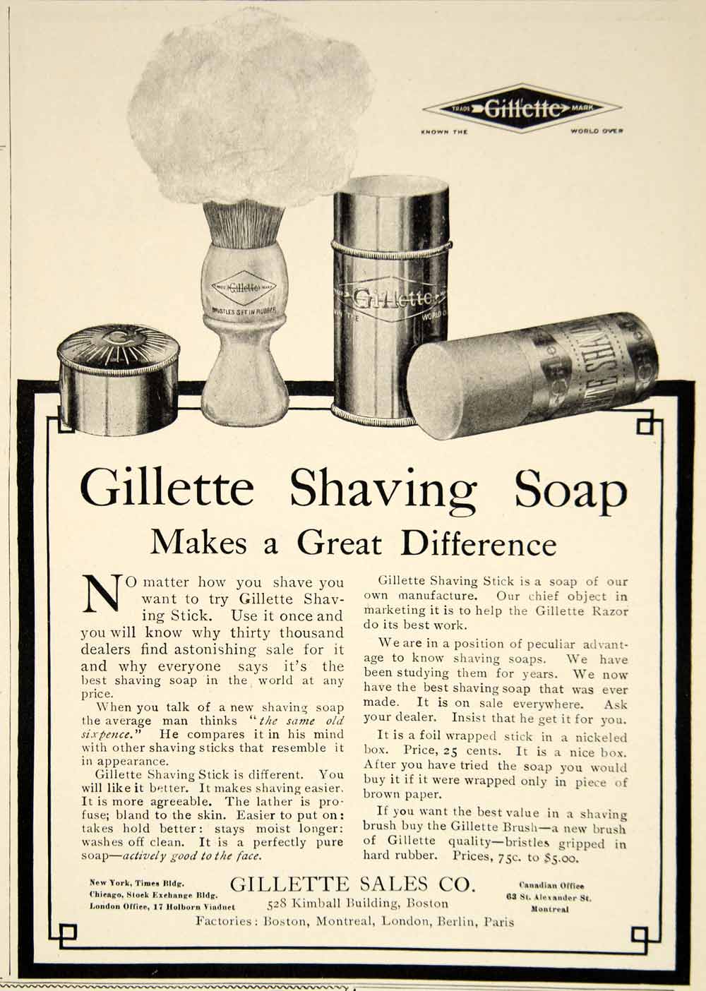 1909 Ad Gillette Shaving Stick Soap Health Beauty Edwardian Era Hygiene YLF4