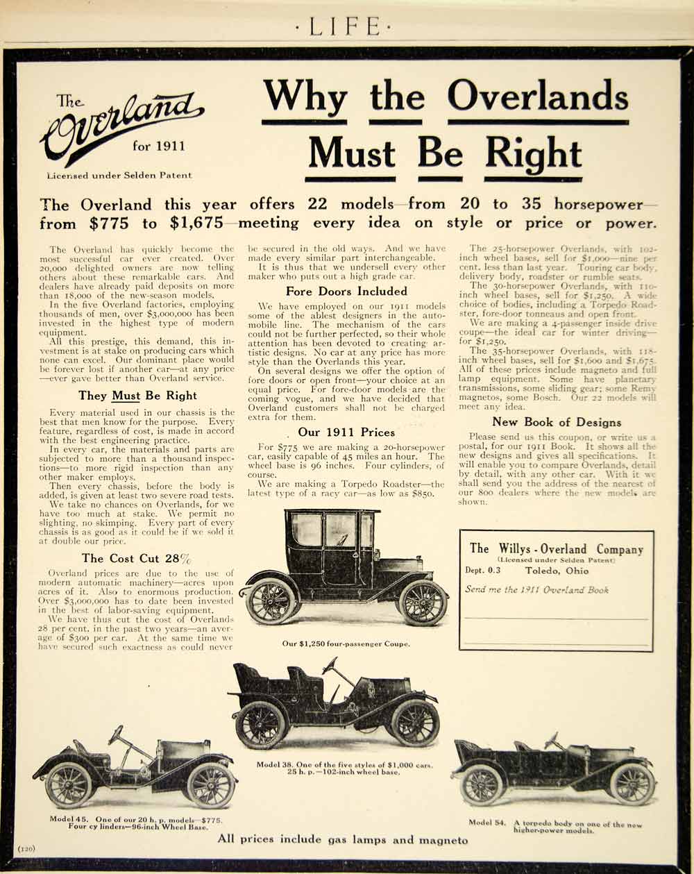 1910 Ad Willys-Overland 1911 Model 38 45 54 Automobile Car Brass Era Coupe YLF5