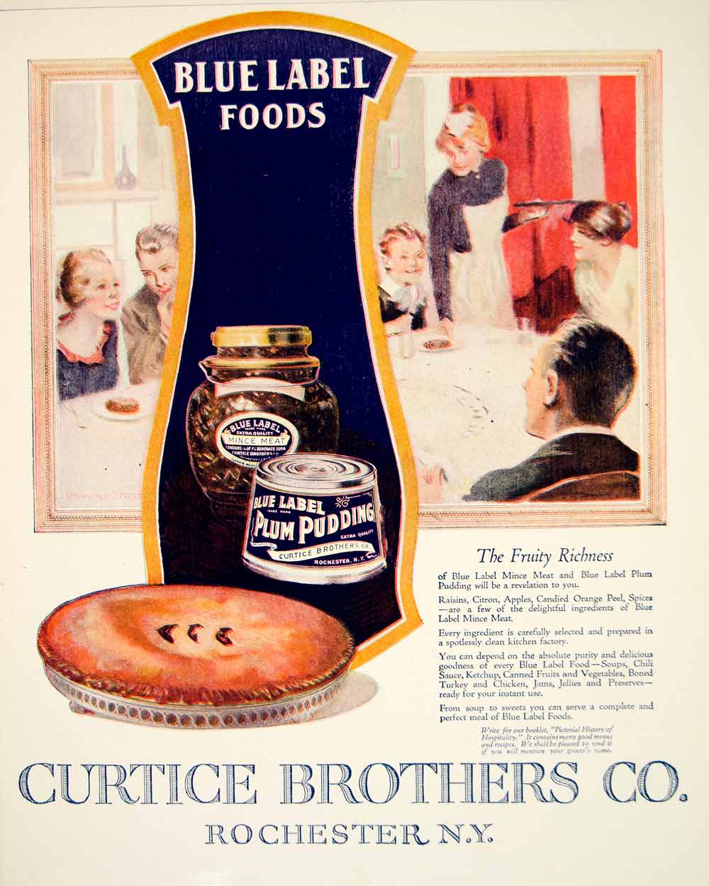 1920 Ad Blue Label Foods Curtice Bros Plum Pudding Mince Meat Pie Kitchen YLF5