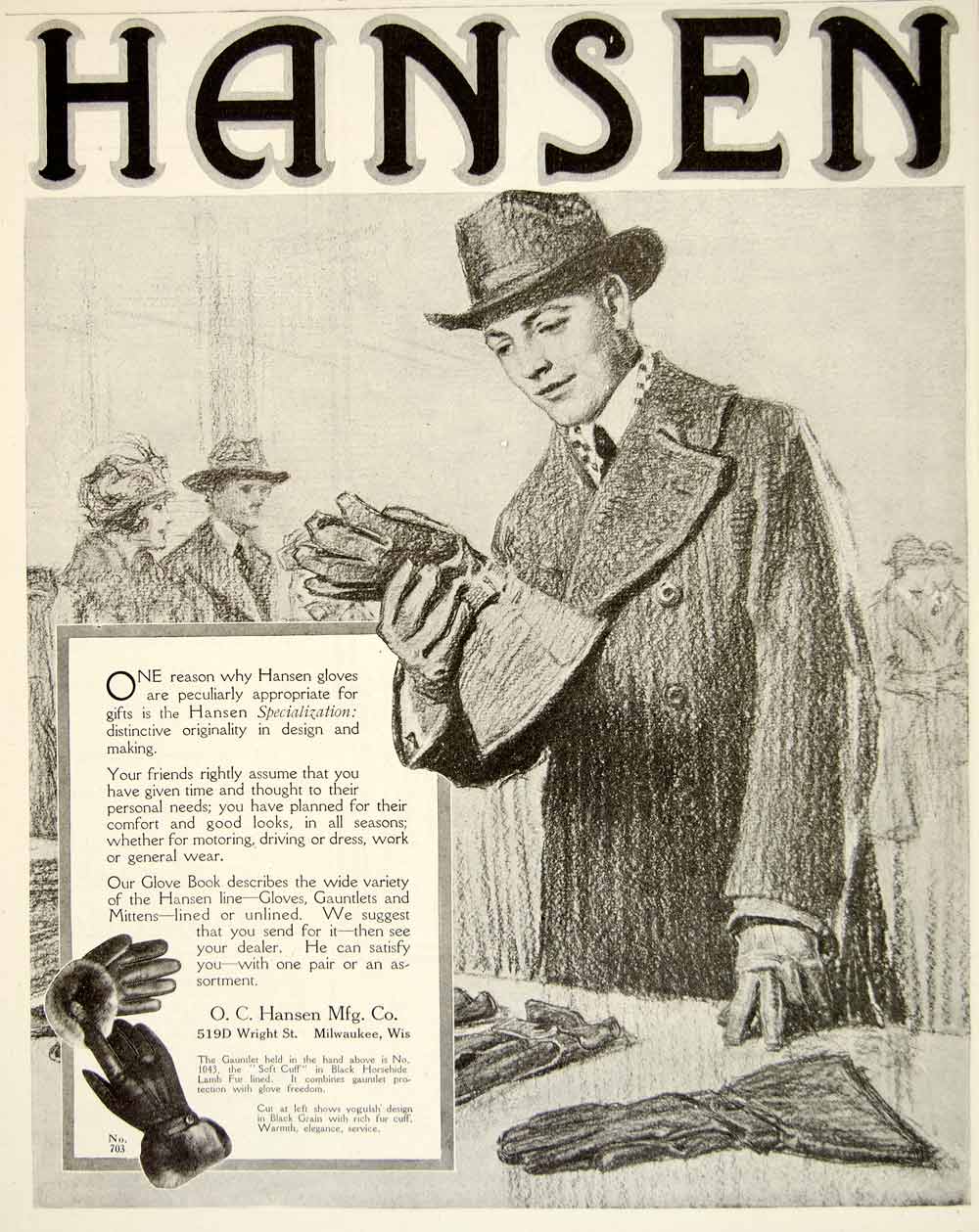 1920 Ad OC Hansen Gloves Clothing Roaring Twenties Era Mens Fashion Costume YLF5