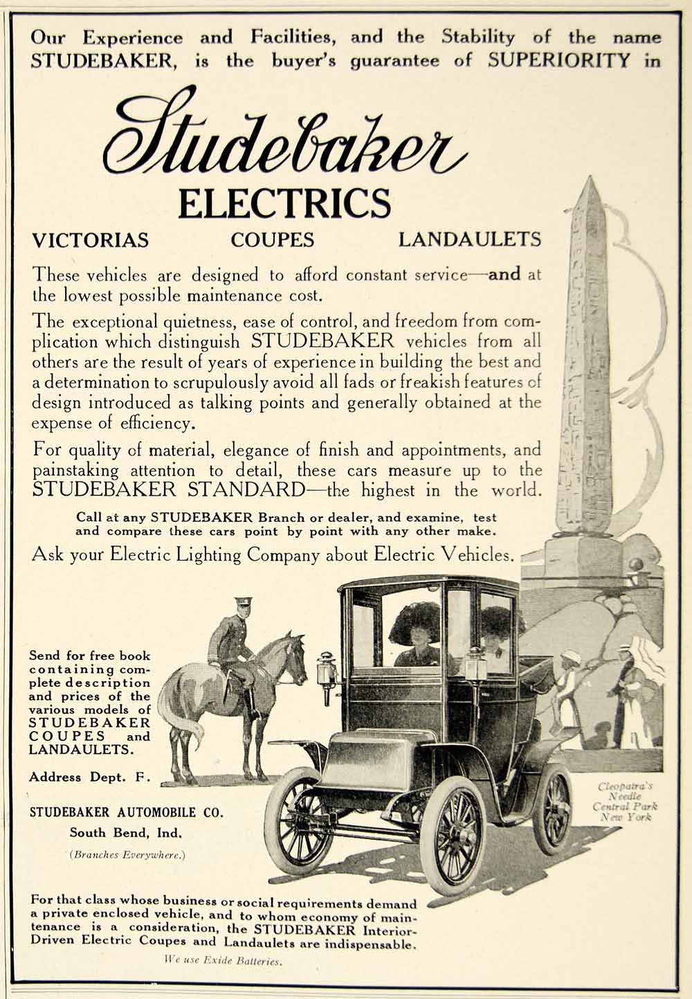 1910 Ad Studebaker Electric Car Brass Era Automobile Cleopatras Needle NYC YLF5