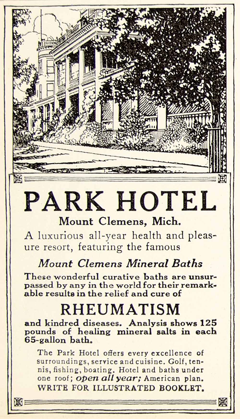 1915 Ad Park Hotel Health Resort Spa Mount Clemens MI Medical Quackery YLF5