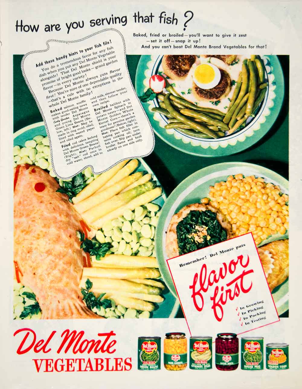 1946 Ad Del Monte Vegetables Canned Food Salmon Cod Halibut Fish Recipe YLK1