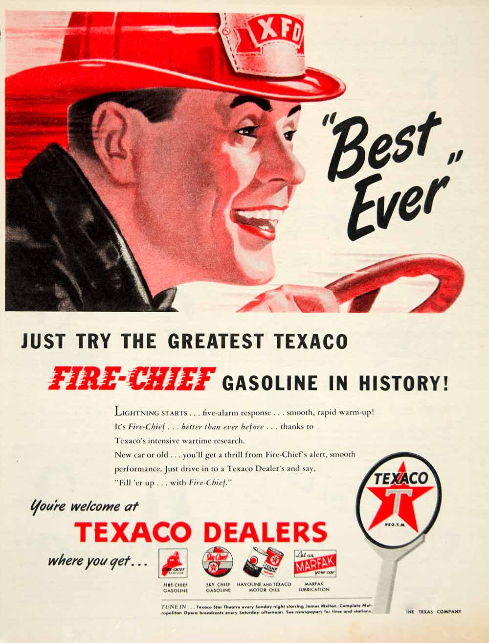 1946 Ad Texaco Fire-Chief Gasoline Fuel Petrol Oil Firefighter Garage Car YLK1