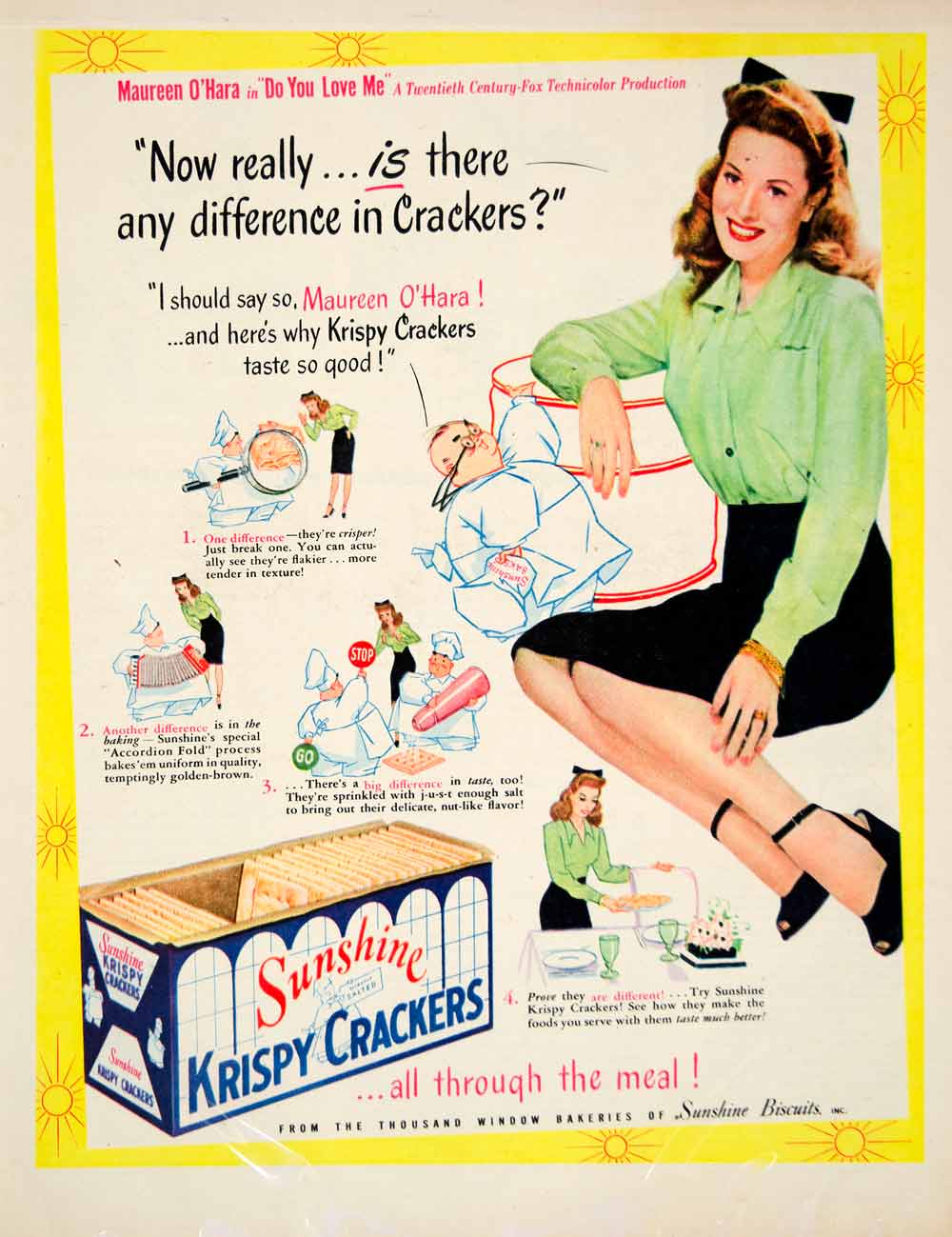 1946 Ad Sunshine Biscuits Krispy Saltine Crackers Maureen O'Hara Actress YLK1