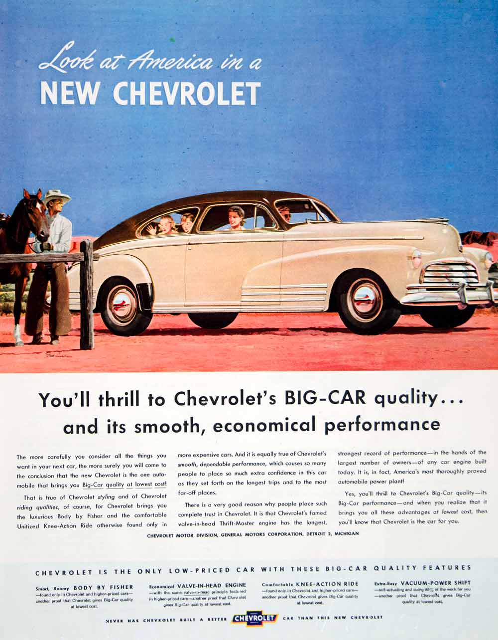1946 Ad Art Chevrolet Chevy Fleetline Sedan Car Automobile Cowboy Old West YLK1