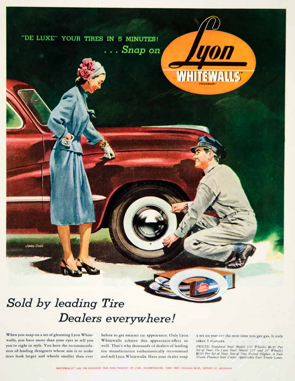 1947 Ad Lyon Whitewalls Car Tires Automobile Parts James Crabb Art Mechanic YLK1