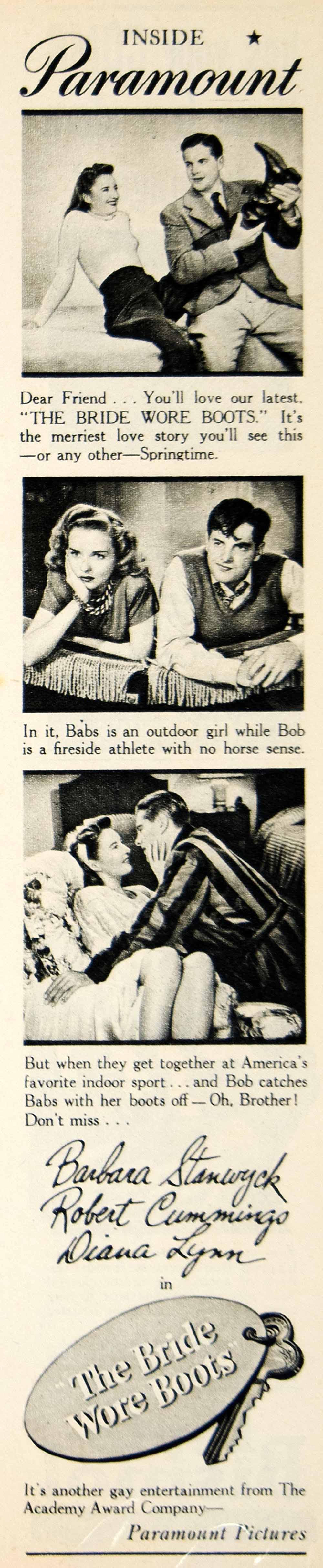 1946 Ad The Bride Wore Boots Movie Film Barbara Stanwyck Robert Cummings YLK1