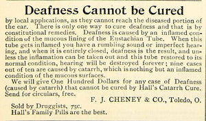 1897 Ad Hall's Catarrh Cure Cheney Toledo Ohio Treatment Deafness Cure YLM1