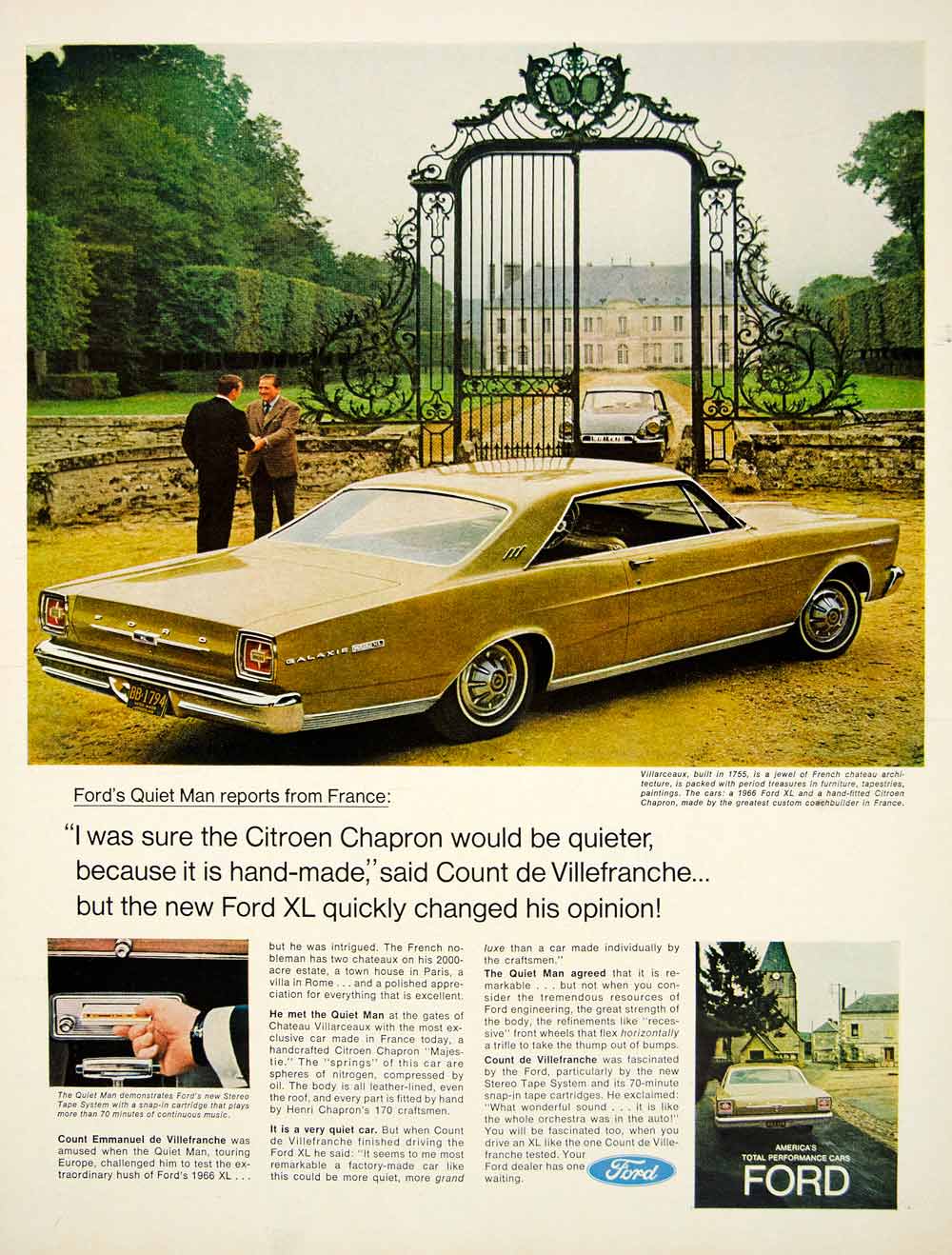 1966 Ad Vintage Ford Galaxie XL Car Stereo Tape System Chateau Villarceaux YLZ1