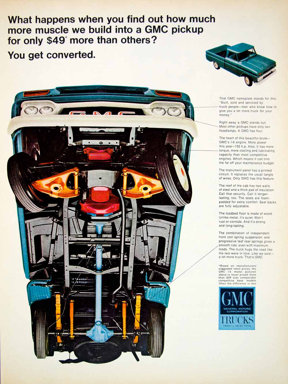 1966 Ad Vintage GMC Blue Pickup Truck Chassis I-6 Engine General Motors GM YLZ1