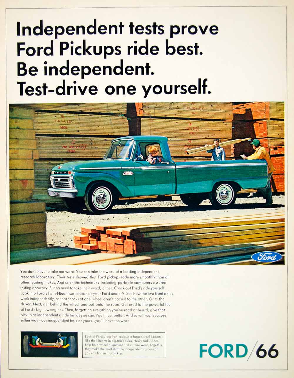 1966 Ad Vintage Ford Pickup Truck Blue Hauling Vehicle Lumberyard Lumber YLZ1