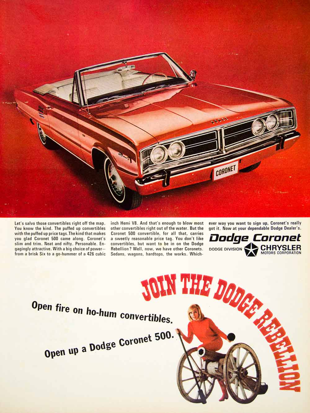 1966 Ad Chrysler Dodge Coronet 500 Red Convertible Muscle Car Classic 2Door YLZ1