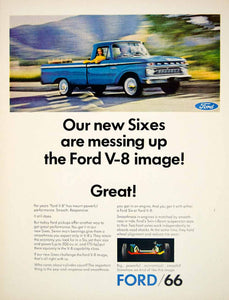 1966 Ad Vintage Ford Six Blue Truck V-8 Engine Twin I Beam Suspension YLZ1