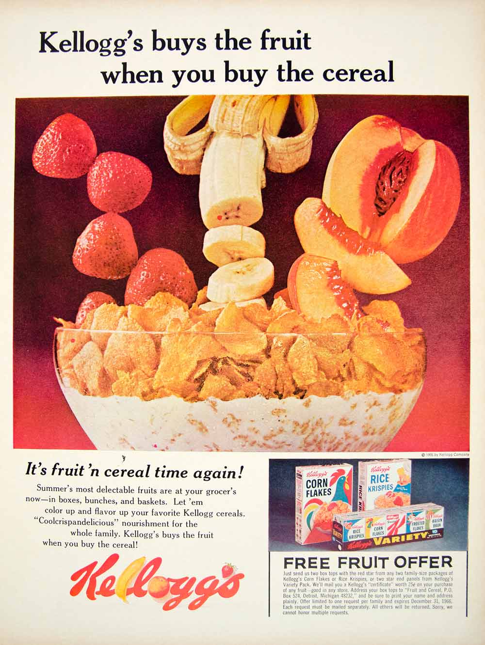 1966 Ad Kellogg's Cereal Corn Flakes Rice Krispies Variety Pack Fruit Offer YLZ2
