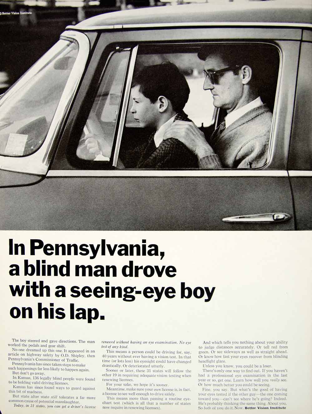 1966 Ad Better Vision Institute Public Service Blind Man Driving Eye Exam YLZ2