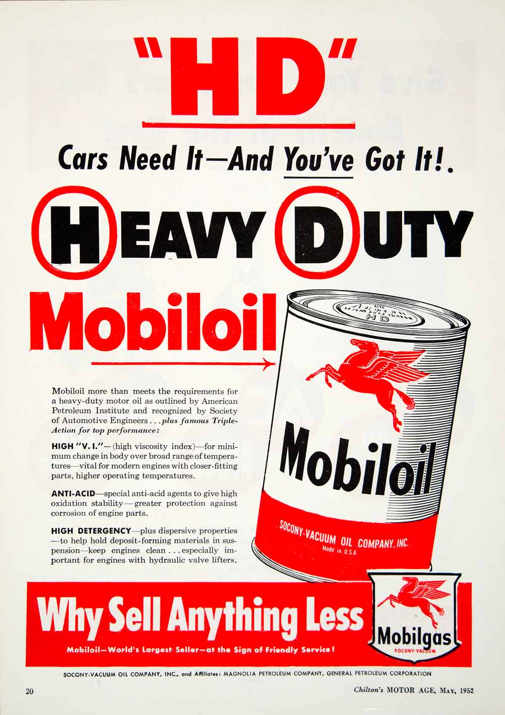1952 Ad Heavy Duty Mobiloil Anti-Acid Motor Oil Automotive Magnolia YMA1